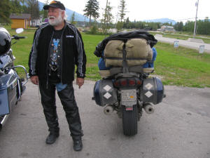 Jeff with his Yamaha that has a car tire on the rear - McBride, BC